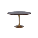 Cohino D 1 dining table made with solid
  American walnut top and shiny brass pedestial base – front view