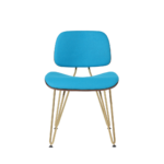 Delgada 1 dining chair made with brass
  coated metal frame and premium blue fabric seat – main view