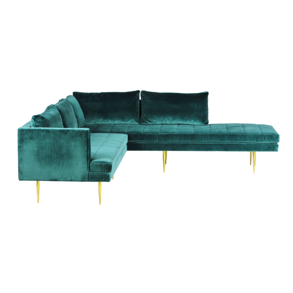 Elche 1 sofa made with premium teal
  velvet seat and cast brass legs – main view