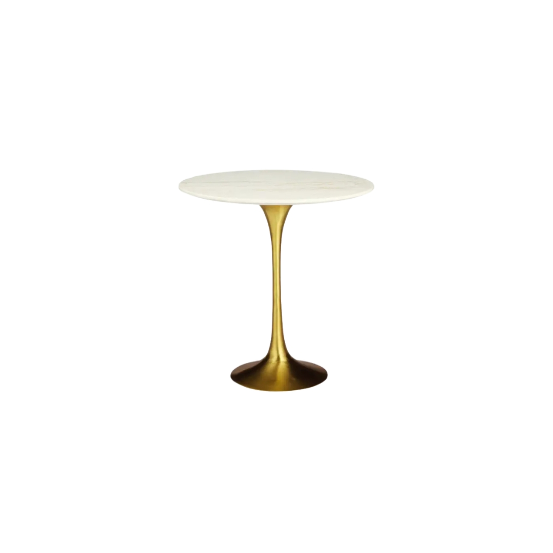 Helsinki C 1 side table made with
  veneered American walnut round top and handforged brass base – side view