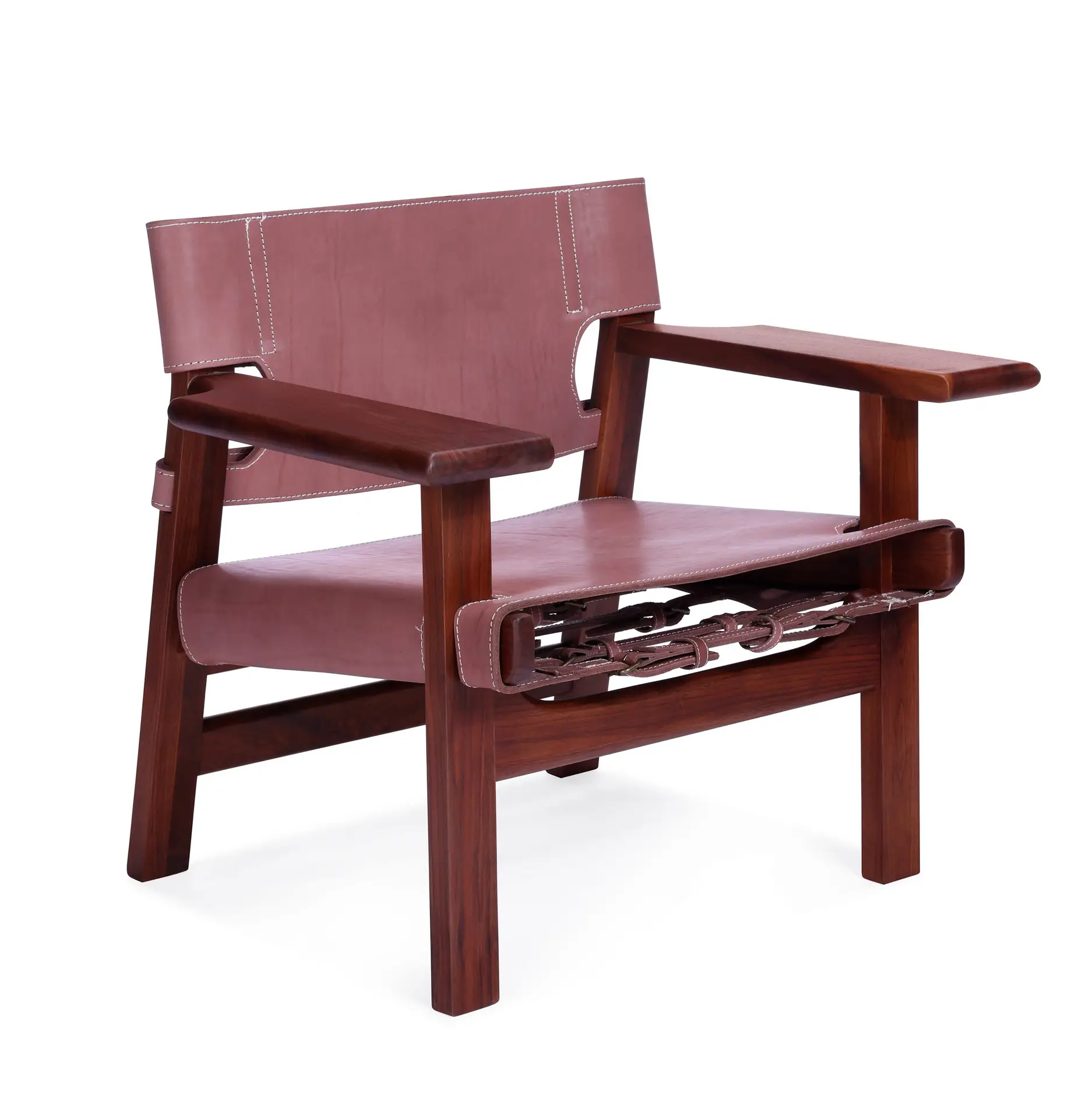 Huesca 3 lounge chair made with solid
  American walnut and premium brown belt leather – angle view