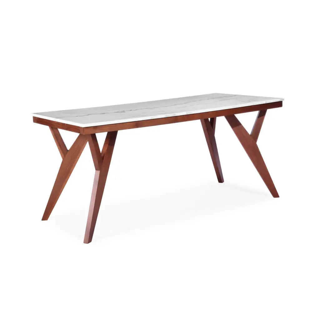 Koge 5 dining table made with white
  marble carrara table top and solid American walnut base – angle view