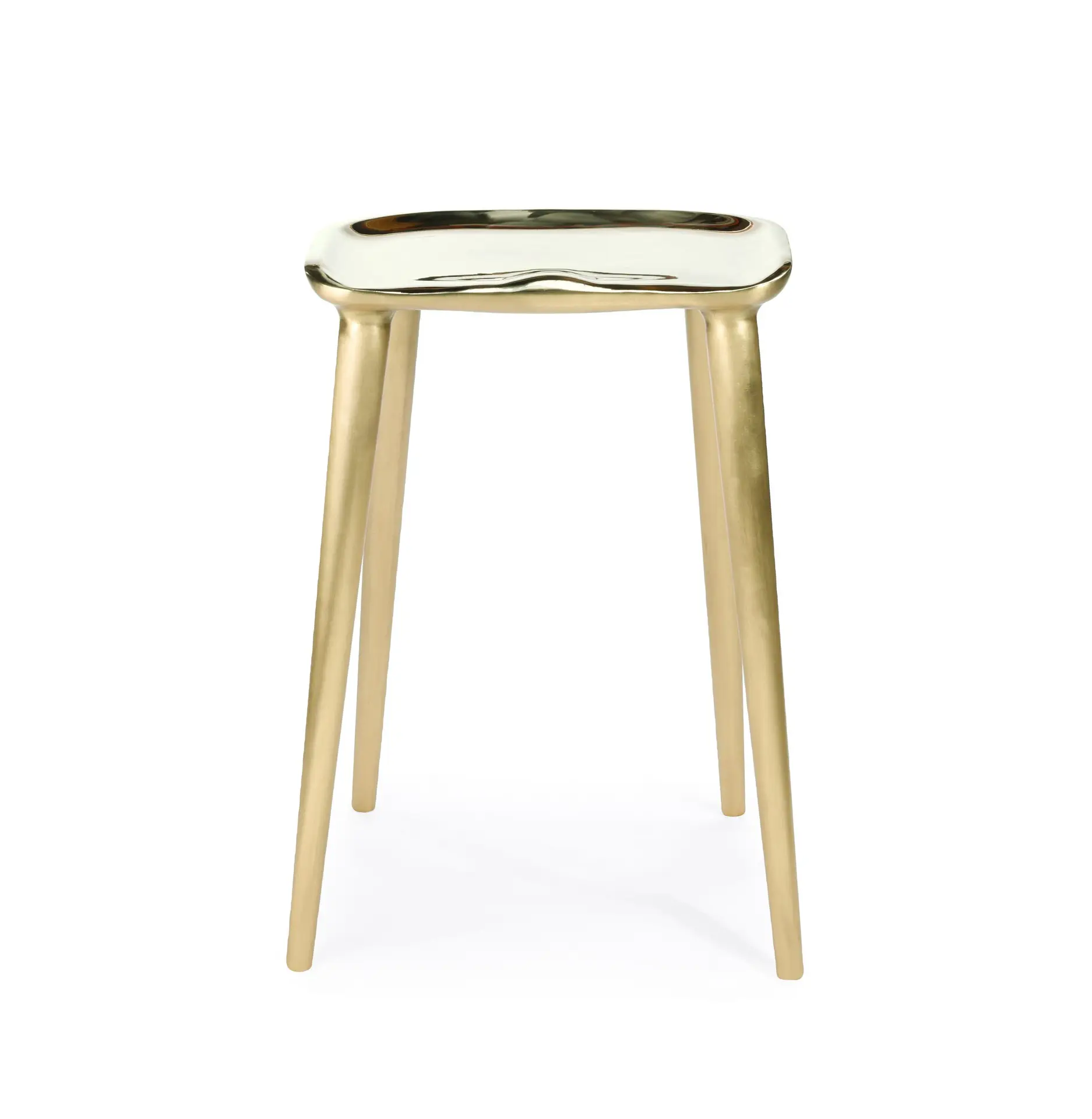 Koru 3 bar stool made with hand forged
  mirror finish brass seat and handforged bronze legs – front view