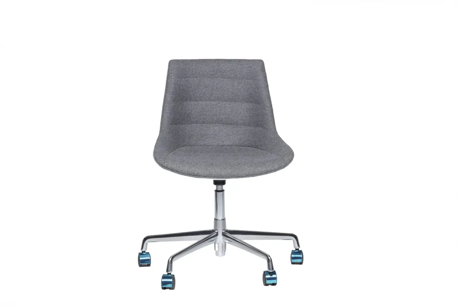 Mataro 1 office chair made with white
  glossy fiberglass frame and premium gray fabric seat – main view
