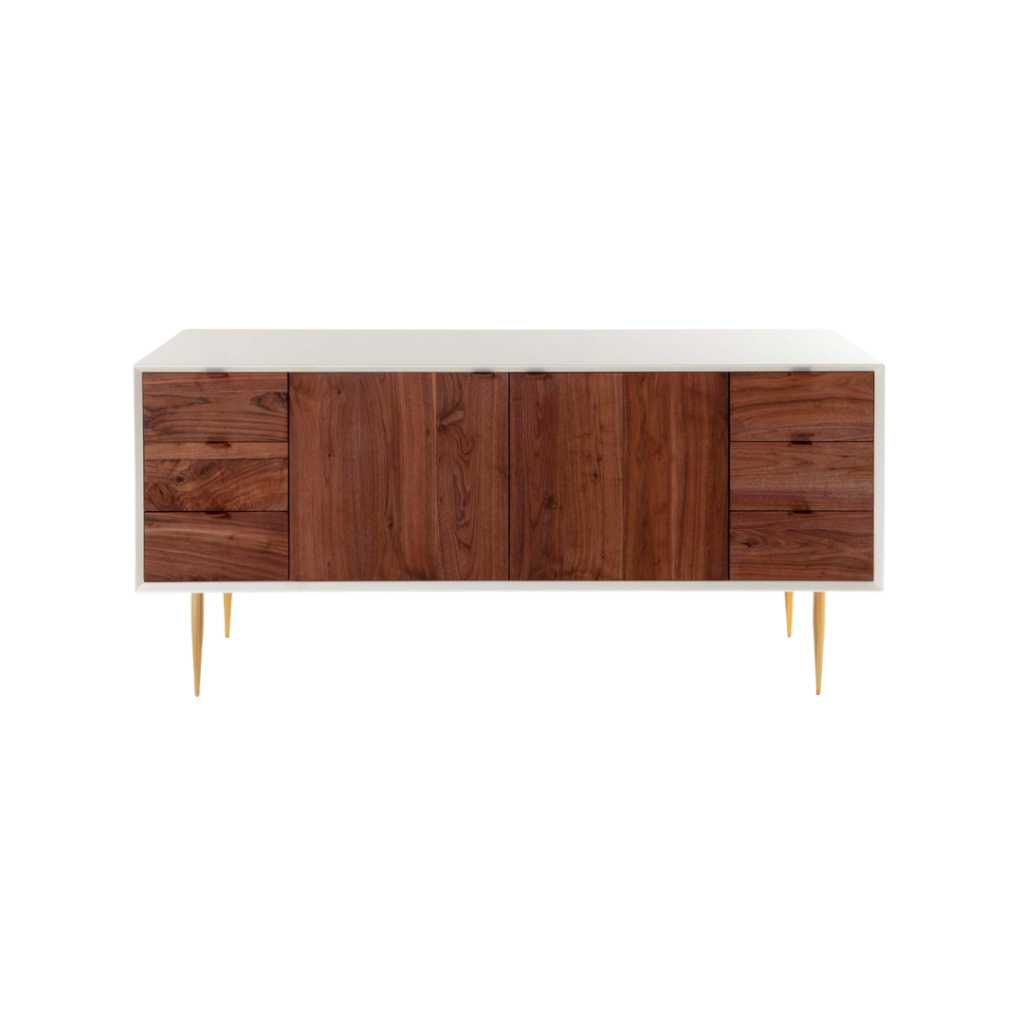 Akron B 1 sideboard made with cast brass
  legs and white lacquered frame – side view