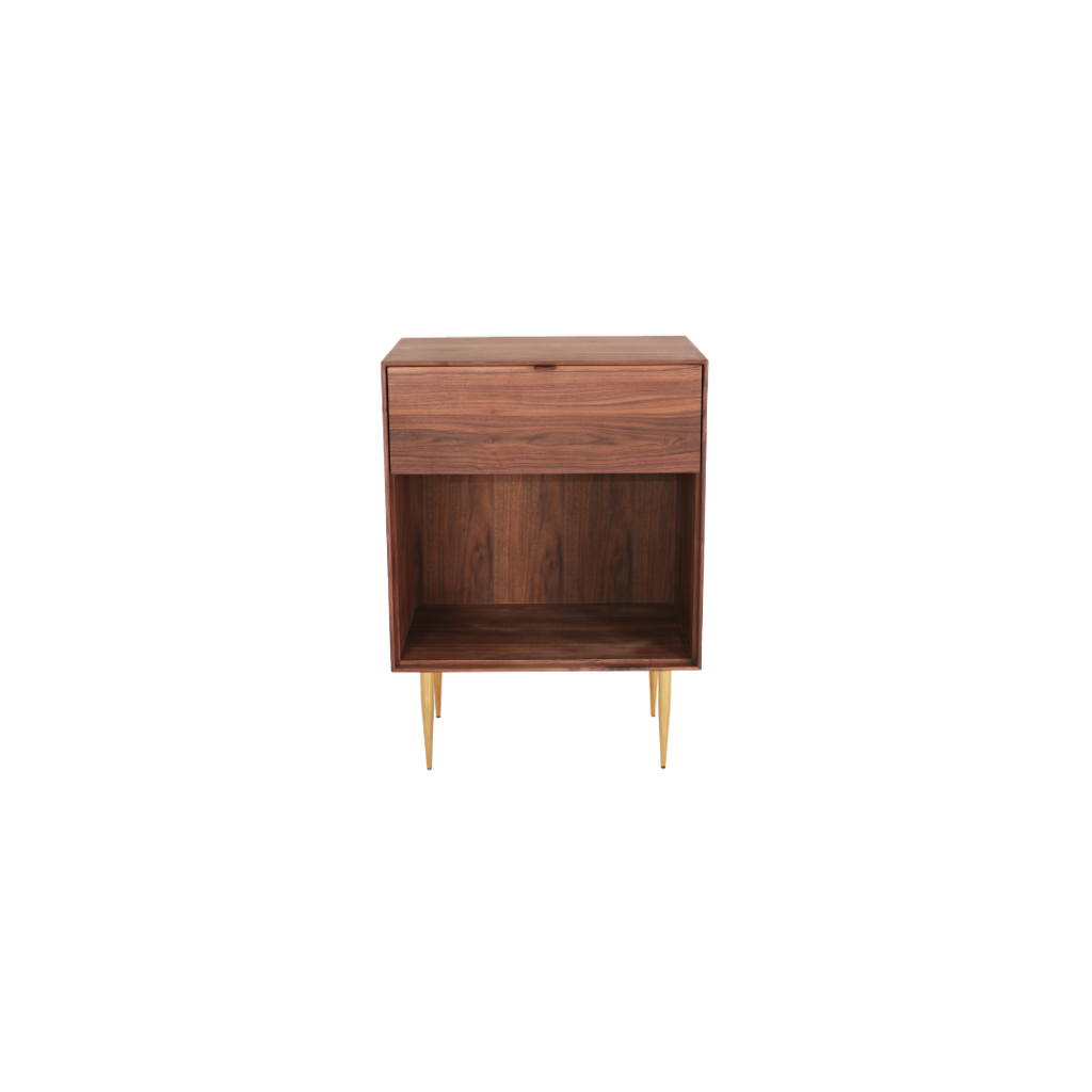 Aris 1 nightstand made with solid
  American walnut frame and cast brass legs – main view