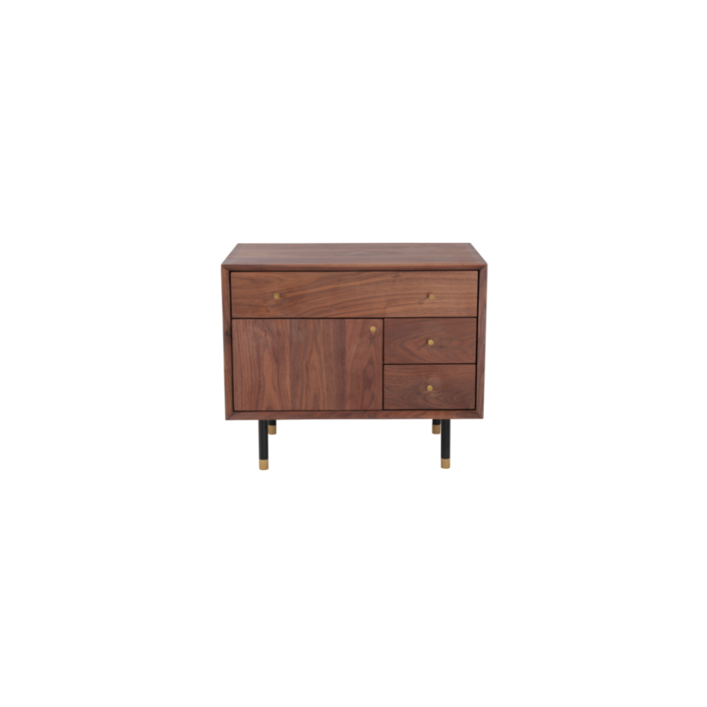 Dayton 1 nightstand made with solid
  American walnut frame and black metal & brass legs – main view