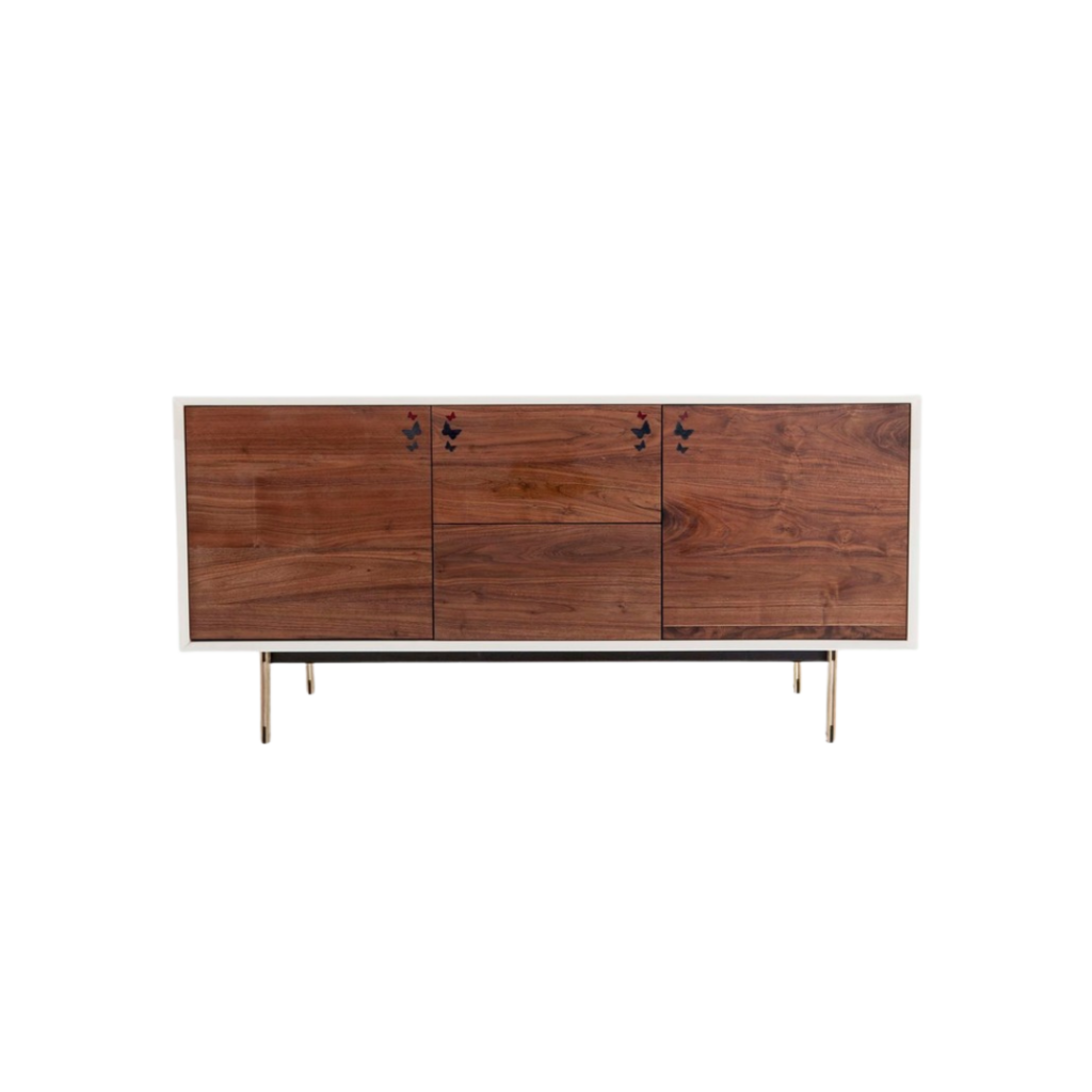 Flutter 1 sideboard made with white
  lacquer frame and parallel brass legs – side view