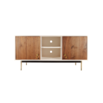 Monarch Media 1 tv stand made with white
  lacquer frame and parallel brass legs – main view