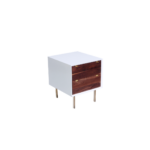 Petite 1 nightstand made with white
  lacquer frame and parallel brass legs – main view