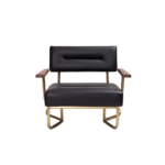 Carlson 1 lounge chair made with premium
  black leather upholstery and solid American walnut arms & brass base – main view