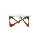 Pretzel 1 coffee table made with tempered
  round glass top and solid American walnut base with brass hardware – main
  view