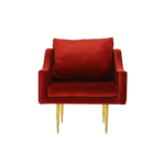 Caldera 1 lounge chair made with premium
  red velvet fabric upholstery and cast brass legs – main view