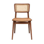 Cane 1 dining chair made with premium
  brown leather upholstery seat and solid American walnut legs – main view