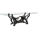 Driftwood 1 dining table made with
  tempered glass top and cast bronze base – main view