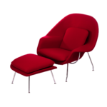 Emora 1 lounge chair made with premium
  red fabric upholstered seat and stainless steel legs – main view