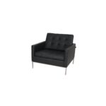 Fjord A 1 sofa made with premium black
  leather upholstery and stainless steel base – close-up view