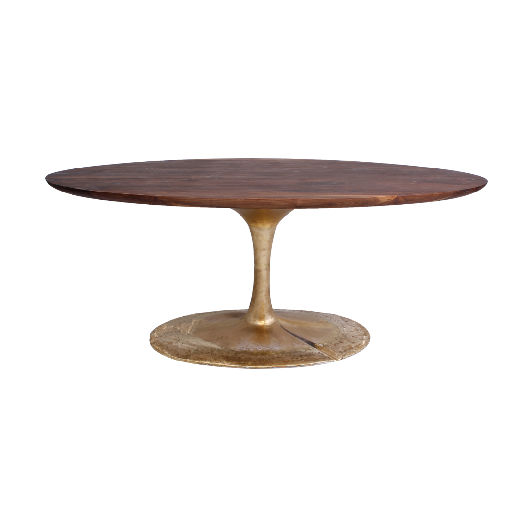 Helsinki D 1 dining table made with solid
  American walnut top and cast oval brass base – main view