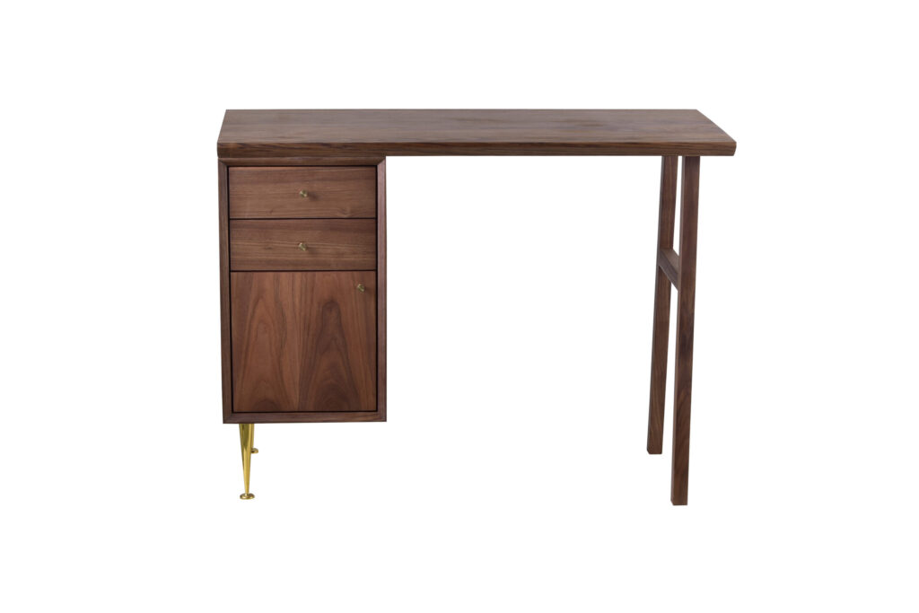Keystone 4 desk made with solid American
  walnut top & drawers and brass legs & handles – front view