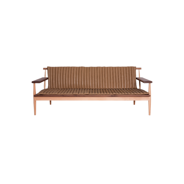 Kobe B 1 sofa made with premium camel
  leather upholstery and solid American walnut frame – main view