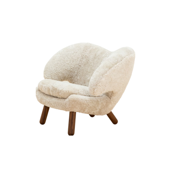 Luna 1 lounge chair made with premium
  sheepskin upholstered seat and solid American walnut legs – main view