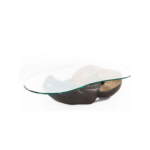 Mesa 1 coffee table made with tempered
  glass top and brass base – main view