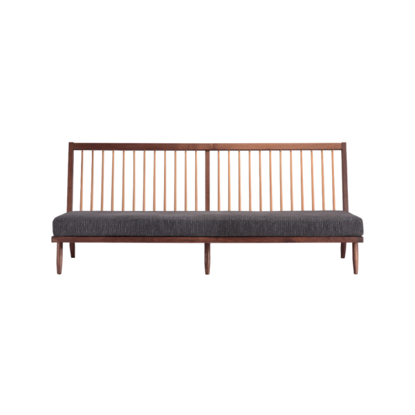 Nakashima 1 sofa made with premium
midnight Fabric upholstery and solid American walnut frame – main view