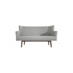Nordic 1 sofa made with premium light
  gray fabric upholstery and solid American walnut base – main view