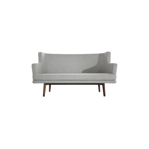 Nordic 1 sofa made with premium light
  gray fabric upholstery and solid American walnut base – main view