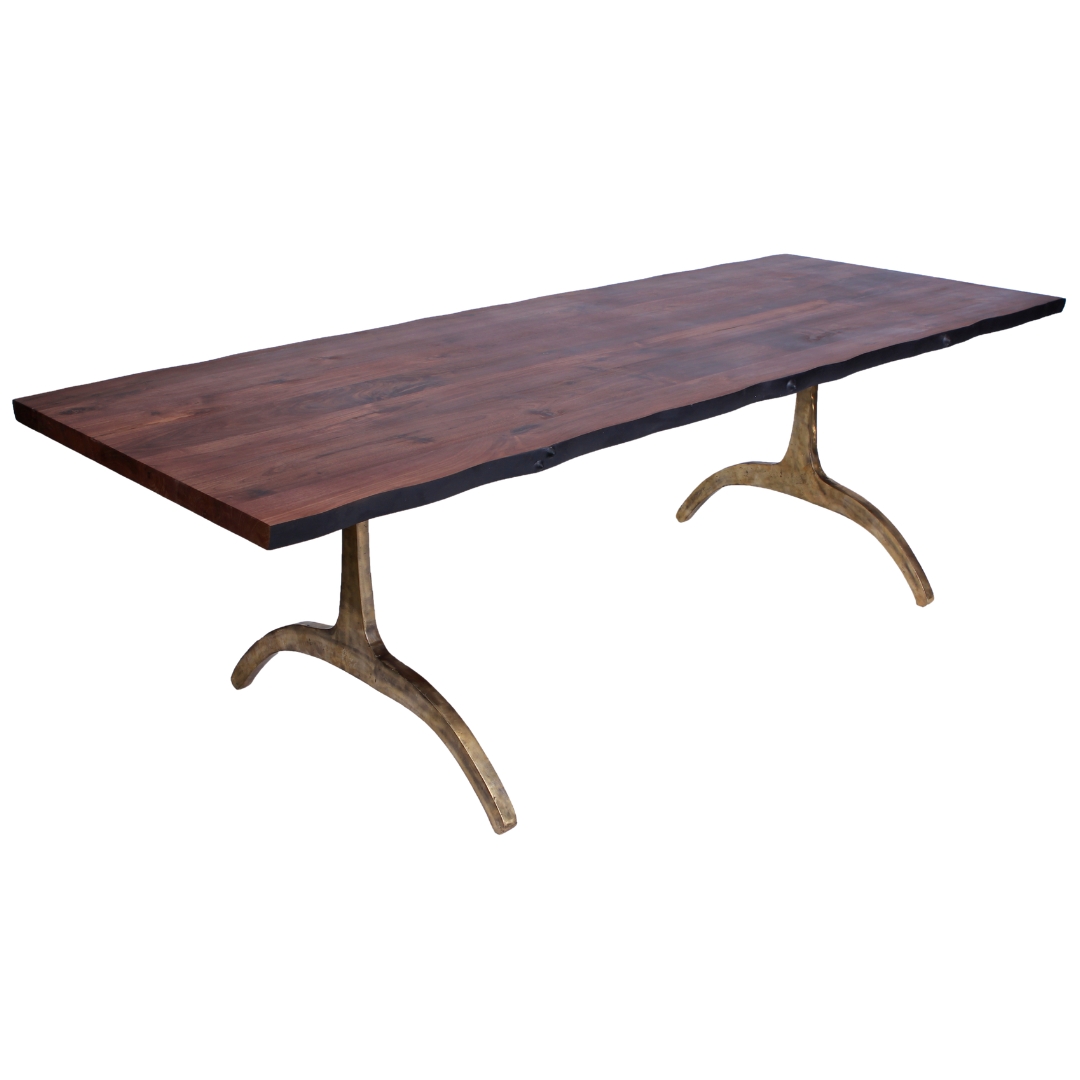 Sierra 1 dining table made with solid
  American walnut live-edge top and cast brass y shape legs – main view