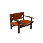 Spaniard 1 lounge chair made with premium
  brown belt leather seat and solid American walnut frame – main view