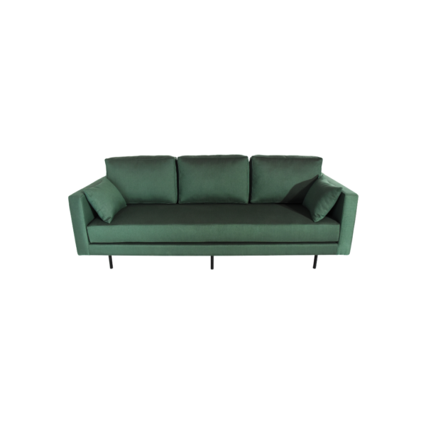 Vermont 1 sofa made with premium green
  fabric upholstery and black painted metal legs – main view