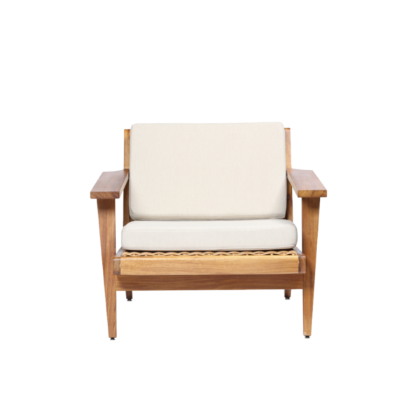 Vilma A 1 lounge chair made with premium
  outdoor cream fabric upholstery and solid teak wood frame – main view