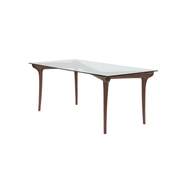 Alven 1 dining table made with tempered
  rectangular glass top and solid American walnut legs – main view