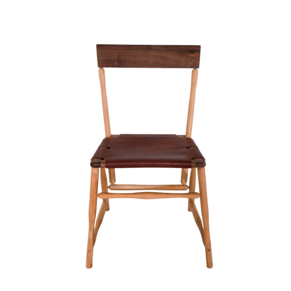 Kizashi 1 dining chair made with premium
  brown belt leather seat and solid hickory wood frame and solid walnut
  backrest – main view