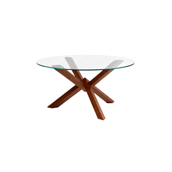 Korsen 1 dining table made with tempered
  round glass top and solid American walnut base – main view