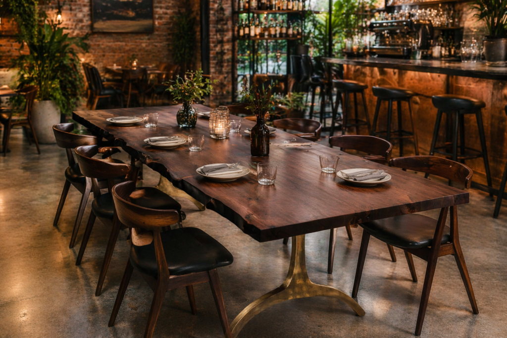 Sierra live edge solid walnut restaurant table with brass base in NYC cafe setting – commercial restaurant furniture NYC lifestyle view