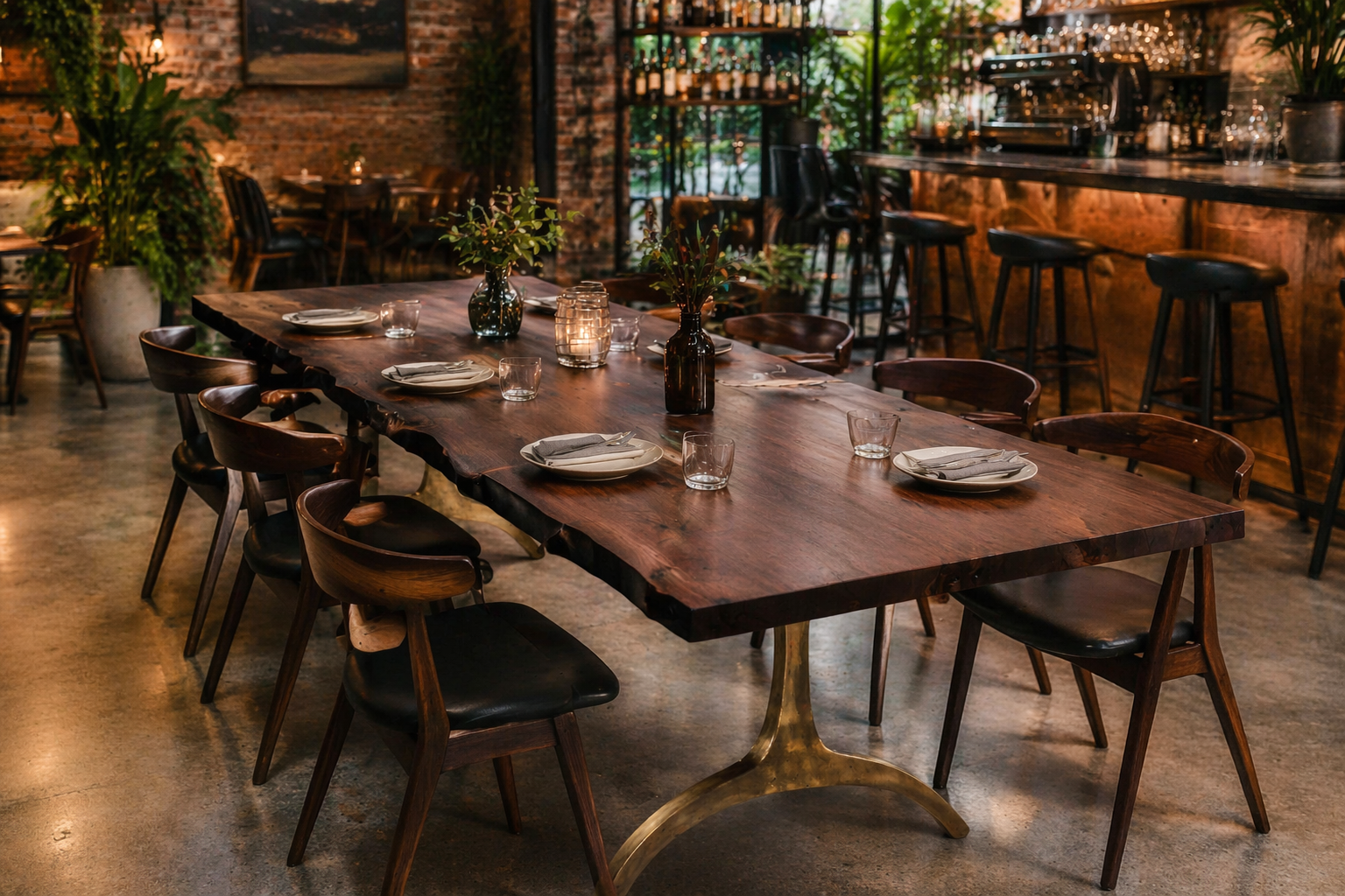 Sierra live edge solid walnut restaurant table with brass base in NYC cafe setting – commercial restaurant furniture NYC lifestyle view