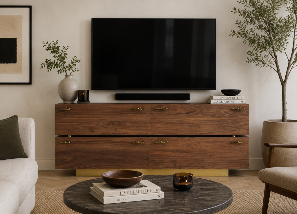 Media console with brass handles and modern TV setup in contemporary living room interior