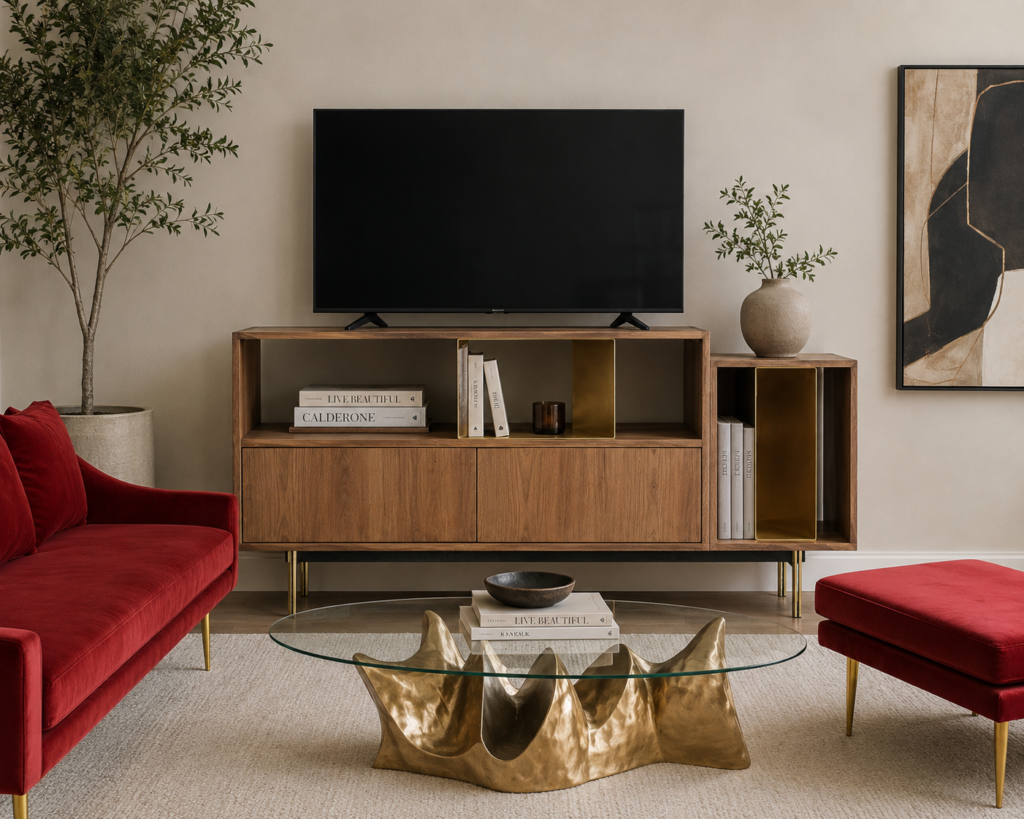 Modern living room with Module tv stands, Incanto red velvet sofa, and Cress brass coffee table