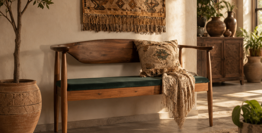 Olmo walnut Sofa with green upholstered seat styled in a warm bohemian interior with natural textures and earthy decor.