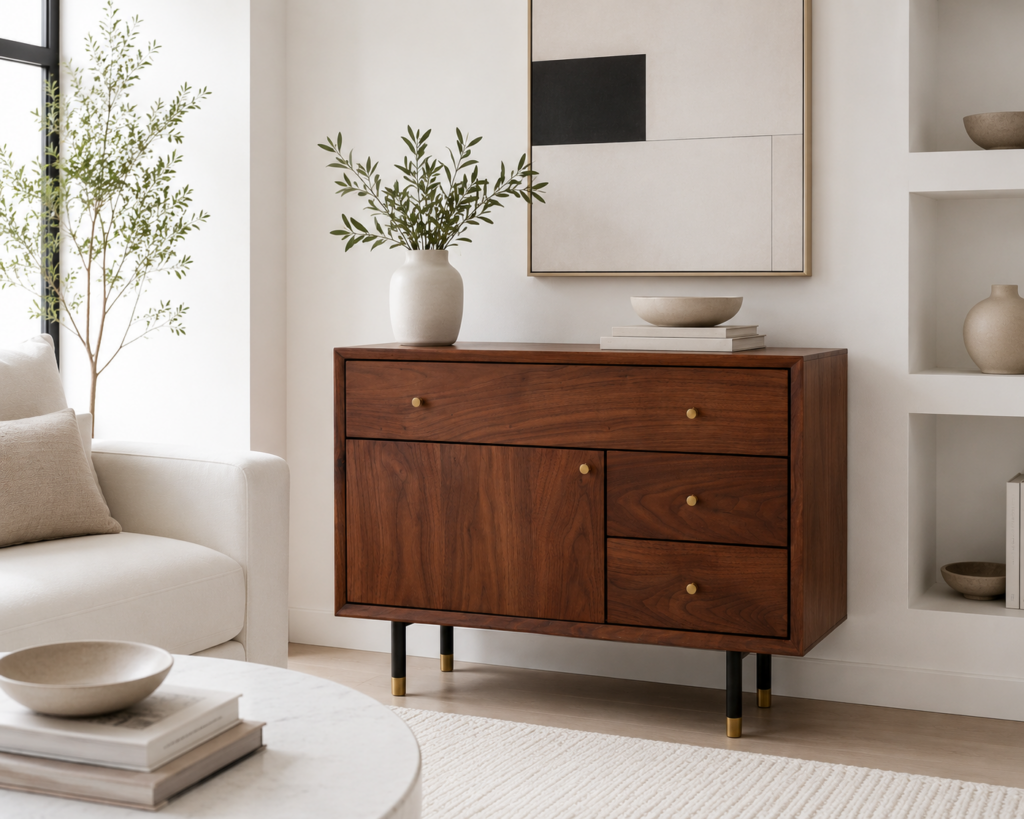 Dayton walnut storage unit with brass hardware styled in a bright modern living room with white walls, neutral decor, and compact storage design.
