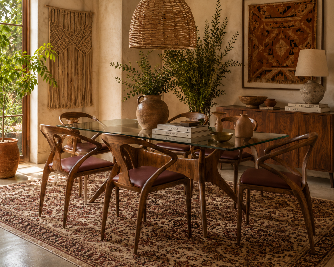 Solid walnut dining table and dining chairs in a bohemian mid-century modern dining room