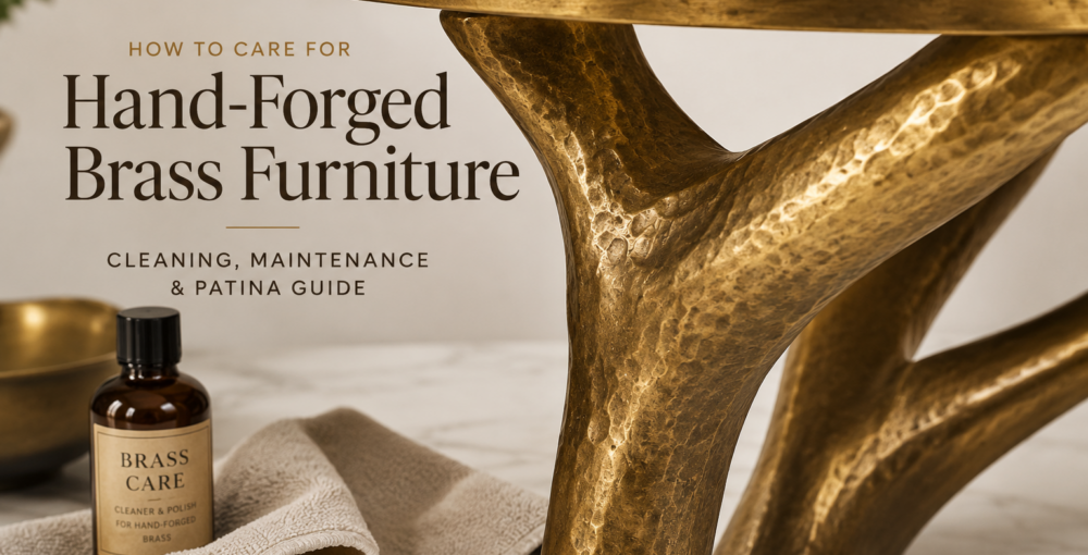 Close-up of hand-forged brass furniture base showing hammered brass texture, natural patina, and proper brass furniture care and maintenance.