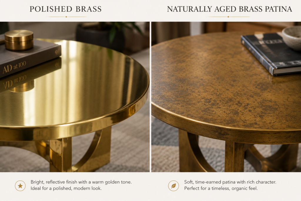 Polished brass compared to naturally aged brass patina