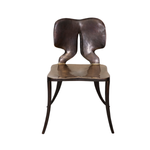 Anvil 1 dining chair made with
  hand-forged brass patina finish seat and hand-forged bronze legs – main view