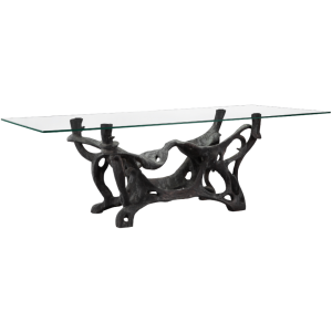 Driftwood 1 dining table made with
  tempered glass top and cast bronze base – main view