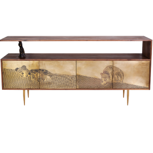 Sahara 1 sideboard made with solid
  American walnut top and brass tube legs – side view