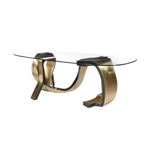 Tulsa 1 dining table made with tempered
  glass top and handforged brass base – main view
